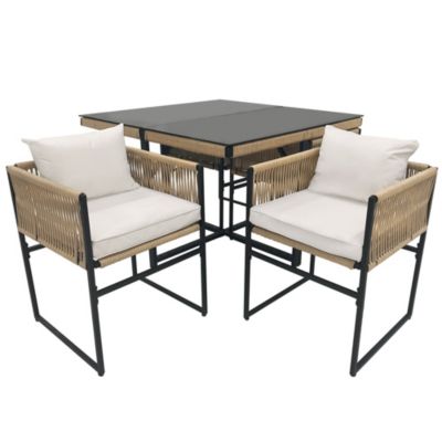 Ensemble table et chaises de jardin 4 places en acier, polyester, verre et corde avec coussins beige