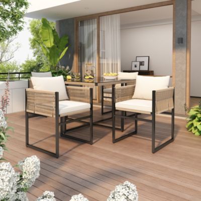 Ensemble table et chaises de jardin 4 places en acier, polyester, verre et corde avec coussins beige
