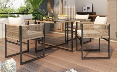Ensemble table et chaises de jardin 4 places en acier, polyester, verre et corde avec coussins beige
