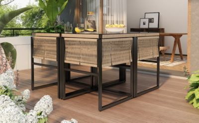 Ensemble table et chaises de jardin 4 places en acier, polyester, verre et corde avec coussins beige