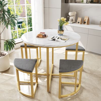 Ensemble Table et Chaises de Salle à Manger Moderne, Table Ronde avec 4 Chaises en Velours Gris et Pieds Dorés, 80x80x75 cm