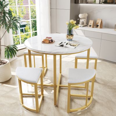 Ensemble Table et Chaises de Salle à Manger pour 4 Personnes, Table Blanche avec Chaises en Velours et Pieds Dorés, 80x80x75 cm