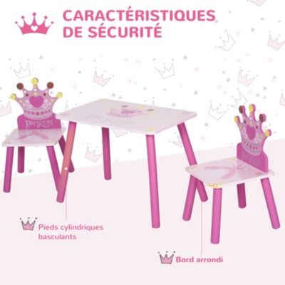 Ensemble table et chaises enfant design princesse motif couronne bois pin MDF rose