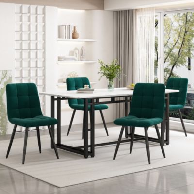 Ensemble Table et Chaises - Table Rectangulaire en MDF avec 4 Chaises en Velours, Pieds Métal Noir - Blanc et Vert Foncé