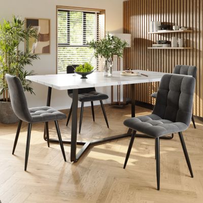 Ensemble Table et Chaises - Table Rectangulaire et 4 Chaises Velours, Salle à Manger Moderne, Plateau Effet Marbre, Gris et Blanc