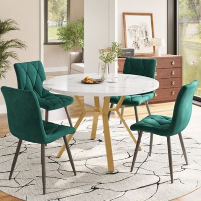 Ensemble Table et Chaises - Table Ronde et 4 Chaises Velours, Salle à Manger Moderne, Blanc et Vert