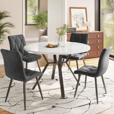 Ensemble Table et Chaises - Table Ronde et 4 Chaises Velours, Salle à Manger Moderne, Plateau Effet Marbre, Gris et Blanc