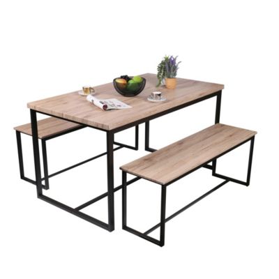 Ensemble table et deux bancs style industriel en bois et métal Collection DARYL  Table 140 cm et deux bancs 120 cm
