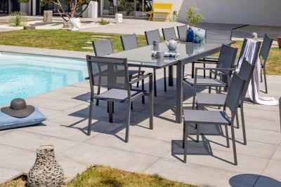 Ensemble table extensible et 10 chaises + 2 fauteuils de jardin Tolede aluminium gris anthracite DCB Garden