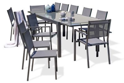 Ensemble table extensible et 10 chaises + 2 fauteuils de jardin Tolede aluminium gris anthracite DCB Garden