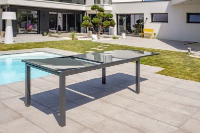 Ensemble table extensible et 10 chaises + 2 fauteuils de jardin Tolede aluminium gris anthracite DCB Garden