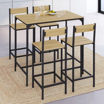 Ensemble table haute de bar DETROIT 100 cm et 4 chaises de bar design industriel
