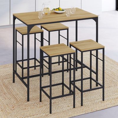 Ensemble table haute de bar DETROIT 100 cm et 4 tabourets bois et métal noir design industriel