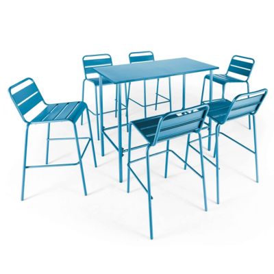 Ensemble table haute de jardin et 6 chaises en métal bleu pacific Palavas  Oviala