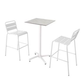 Ensemble table haute stratifié béton gris clair et 2 chaises blanc  Oviala