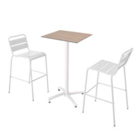 Ensemble table haute stratifié chêne clair et 2 chaises hautes blanc  Oviala