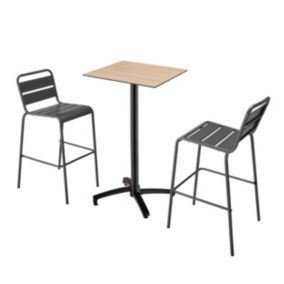 Ensemble table haute stratifié chêne et 2 chaises hautes gris  Oviala