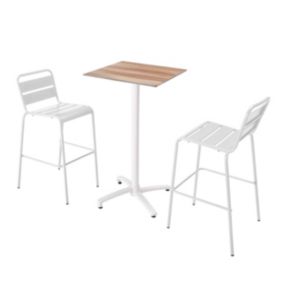 Ensemble table haute stratifié chêne foncé et 2 chaises hautes blanc  Oviala