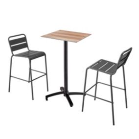 Ensemble table haute stratifié chêne foncé et 2 chaises hautes gris  Oviala