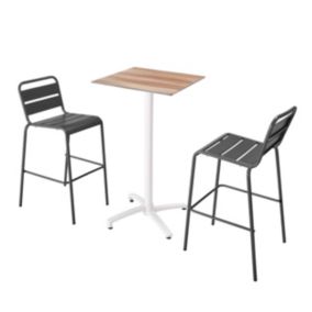 Ensemble table haute stratifié chêne foncé et 2 chaises hautes gris  Oviala