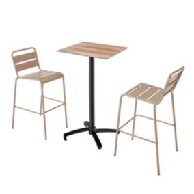 Ensemble table haute stratifié chêne foncé et 2 chaises hautes taupe  Oviala