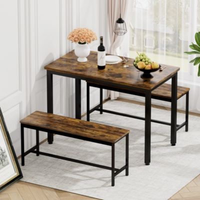 Ensemble table à manger 110 cm en bois brun rustique et métal noir avec 2 bancs
