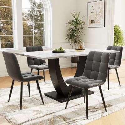 Ensemble table à manger 140 cm MDF effet marbre avec 4 chaises en velours gris