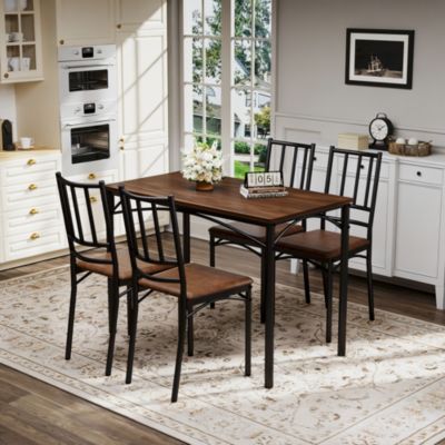 Ensemble table à manger avec 4 chaises en bois noyer et métal noir 110 cm