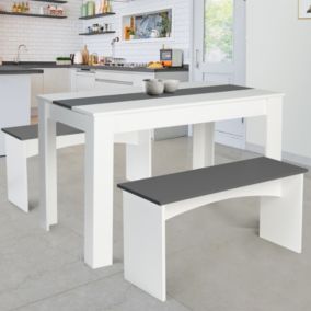 Ensemble table à manger et 2 bancs ROZY 4 personnes blanc et gris 110 cm