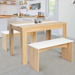 Ensemble table à manger et 2 bancs ROZY 4 personnes façon hêtre et blanc 110 cm