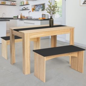 Ensemble table à manger et 2 bancs ROZY 4 personnes façon hêtre et noir 110 cm