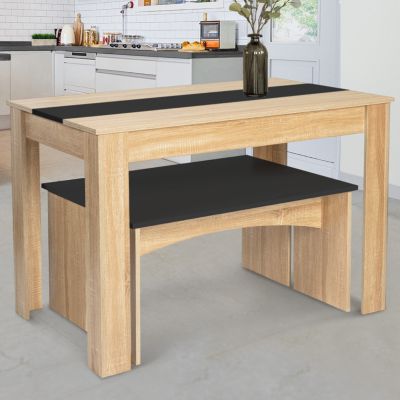 Ensemble table à manger et 2 bancs ROZY 4 personnes façon hêtre et noir 110 cm