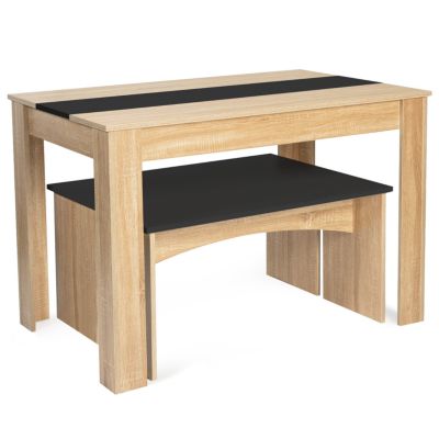 Ensemble table à manger et 2 bancs ROZY 4 personnes façon hêtre et noir 110 cm