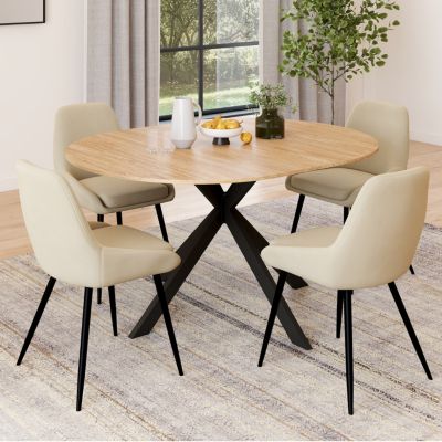 Ensemble table à manger extensible ronde ALIX bois et noir 110-150 cm et 4 chaises THALYA velours beige