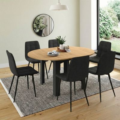 Ensemble table à manger extensible ronde DONA noire plateau façon hêtre 110 - 150 cm et 6 chaises MILA velours noir