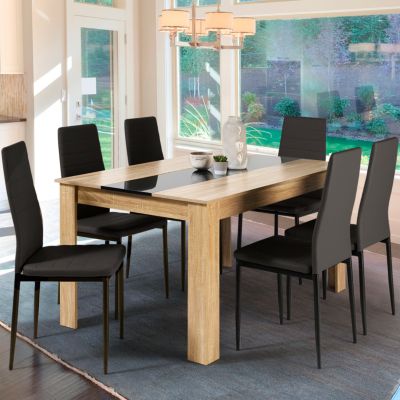 Ensemble table à manger GEORGIA 140 cm imitation hêtre et noire et 6 chaises ROMANE noires
