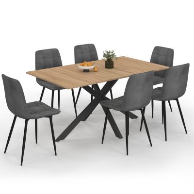 Ensemble table à manger rectangle ALIX 160 cm bois et noir et 6 chaises MILA en velours gris foncé