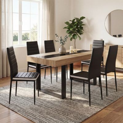 Ensemble table à manger rectangle PHOENIX bois et noir bande centrale noire 160 cm et 6 chaises ROMANE noires bandeau blanc