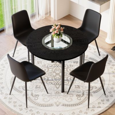 Ensemble table à manger ronde 100 cm et 4 chaises en PU noir bois noir