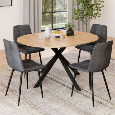 Ensemble table à manger ronde extensible ALIX 110 - 150 cm et 4 chaises MILA en velours gris foncé