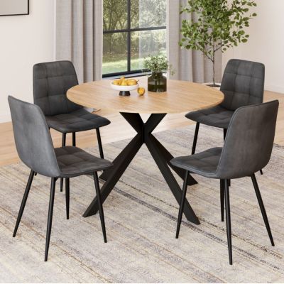 Ensemble table à manger ronde extensible ALIX 110 - 150 cm et 4 chaises MILA en velours gris foncé