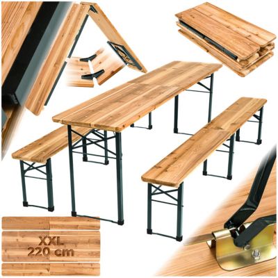 Ensemble table pliante sapin marron 2 bancs robuste charnières stables 220x50,5x77,5cm