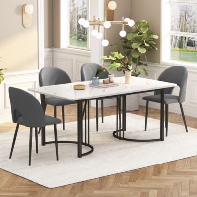 Ensemble Table Rectangulaire MDF Blanche avec 4 Chaises Moderne Motif Losange, Velours Gris et Pieds Réglables Noirs