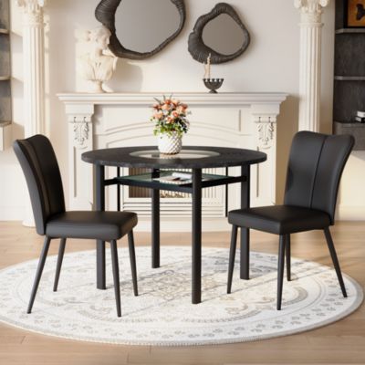 Ensemble table ronde 100 cm noire avec 2 chaises en PU et pieds métal