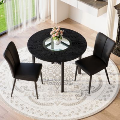 Ensemble table ronde 100 cm noire avec 2 chaises en PU et pieds métal