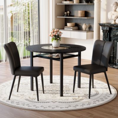 Ensemble table ronde 100 cm noire avec 2 chaises en PU et pieds métal
