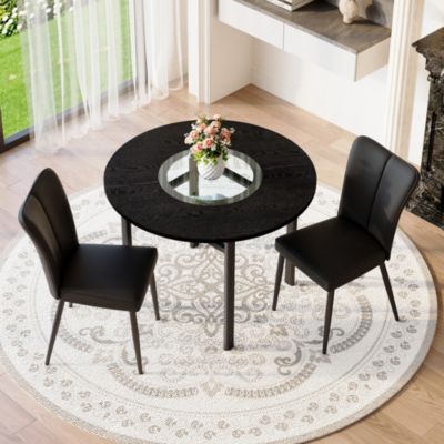 Ensemble table ronde 100 cm noire avec 2 chaises en PU et pieds métal