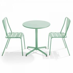 Ensemble table ronde et 2 chaises de jardin en métal vert sauge Palavas  Oviala