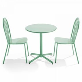 Ensemble table ronde et 2 chaises de jardin en métal vert sauge Palavas  Oviala