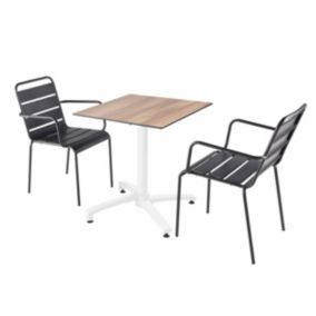 Ensemble table terrasse stratifié chêne foncé et 2 fauteuils gris  Oviala